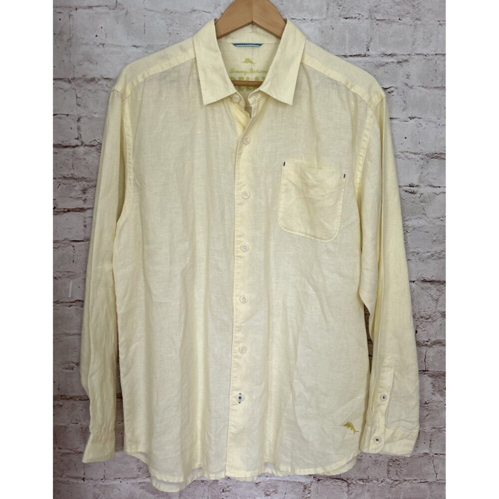Tommy Bahama Relax Label Mens L Linen Long Sleeve Button Up Shirt Yellow Casual